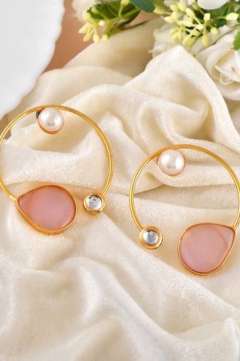 Pink rose quartz stone hoop earrings for women