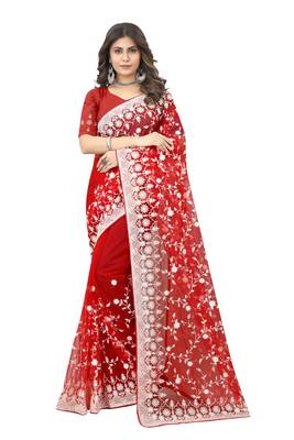 Red heavy resham embroidery and stone work net party wear with blouse 1