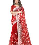 Red heavy resham embroidery and stone work net party wear with blouse