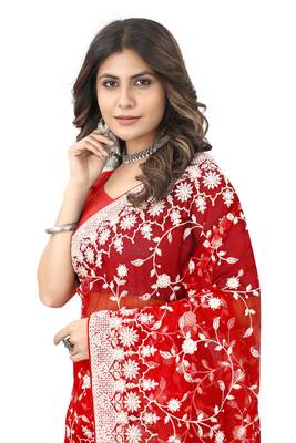 Red heavy resham embroidery and stone work net party wear with blouse 2