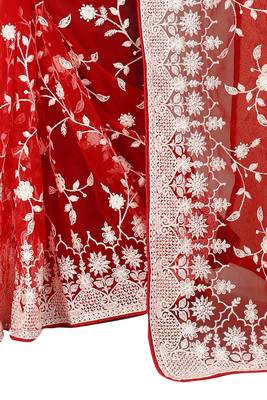 Red heavy resham embroidery and stone work net party wear with blouse 3
