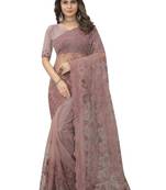Lavender heavy resham embroidery and stone work net party wear with blouse