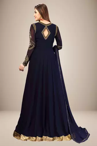 Trendmalls Blue Georgette Embroidered Anarkali Party Wear Kurta Pant with Dupatta Salwar Suit Set