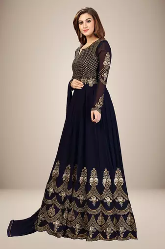 Trendmalls Blue Georgette Embroidered Anarkali Party Wear Kurta Pant with Dupatta Salwar Suit Set