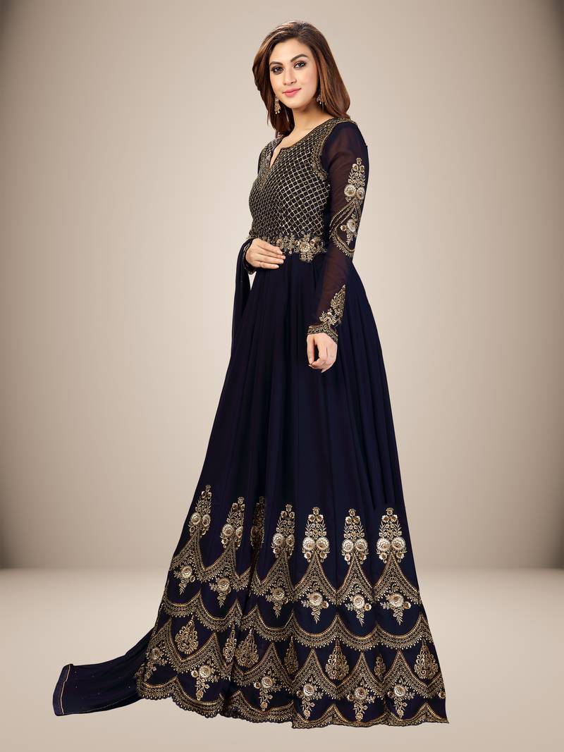 Blue Georgette Embroidered Anarkali Party Wear Kurta Pant with Dupatta Salwar Suit Set