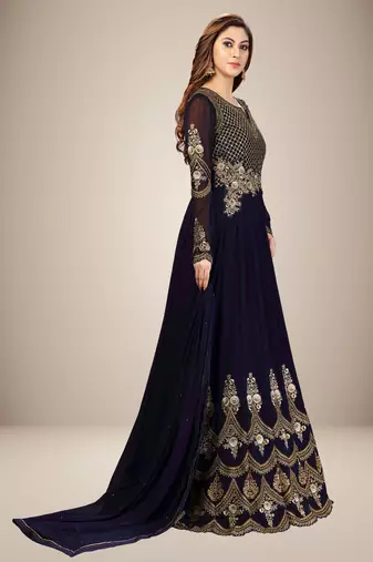 Trendmalls Blue Georgette Embroidered Anarkali Party Wear Kurta Pant with Dupatta Salwar Suit Set