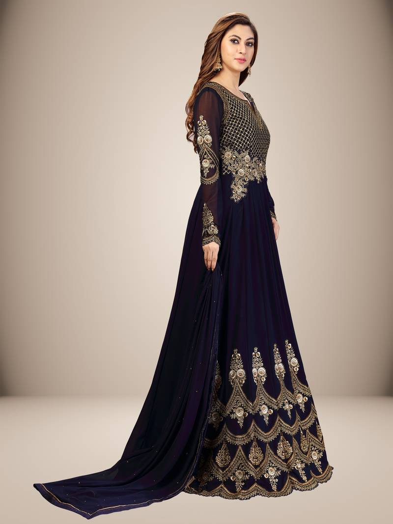 Blue Georgette Embroidered Anarkali Party Wear Kurta Pant with Dupatta Salwar Suit Set