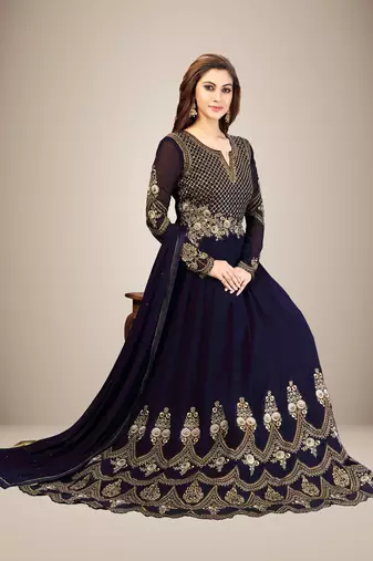 Trendmalls Blue Georgette Embroidered Anarkali Party Wear Kurta Pant with Dupatta Salwar Suit Set