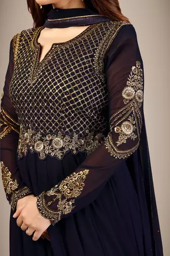 Trendmalls Blue Georgette Embroidered Anarkali Party Wear Kurta Pant with Dupatta Salwar Suit Set