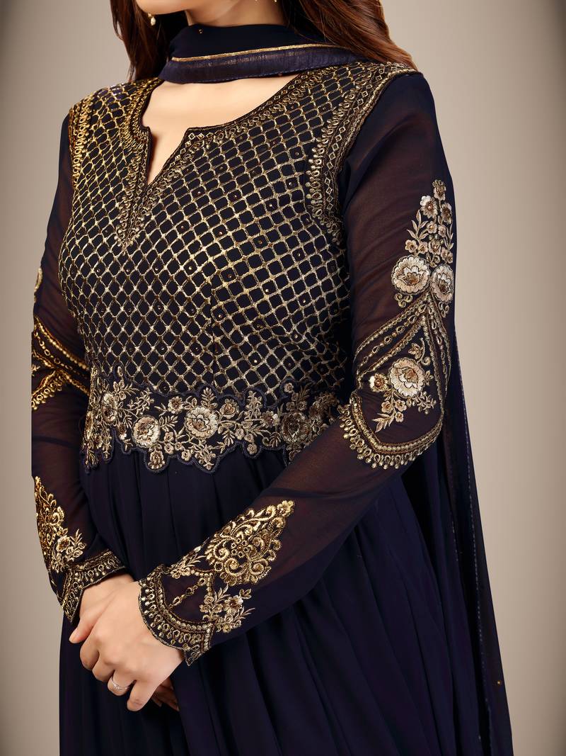 Blue Georgette Embroidered Anarkali Party Wear Kurta Pant with Dupatta Salwar Suit Set