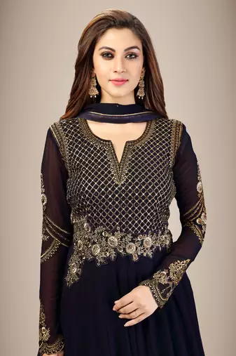 Trendmalls Blue Georgette Embroidered Anarkali Party Wear Kurta Pant with Dupatta Salwar Suit Set