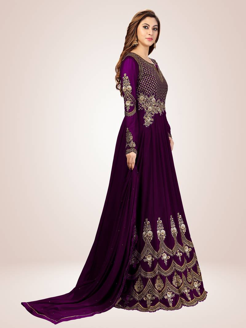 Purple Georgette Embroidered Anarkali Party Wear Kurta Pant with Dupatta Salwar Suit Set