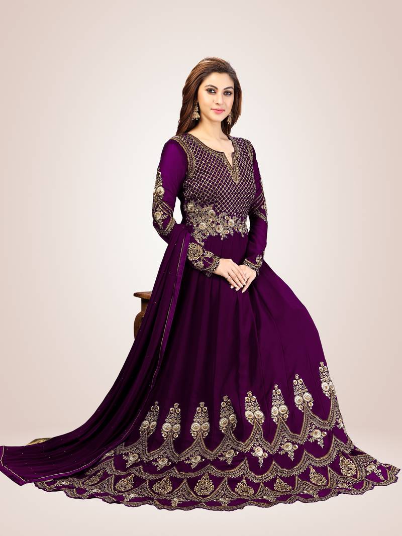 Purple Georgette Embroidered Anarkali Party Wear Kurta Pant with Dupatta Salwar Suit Set