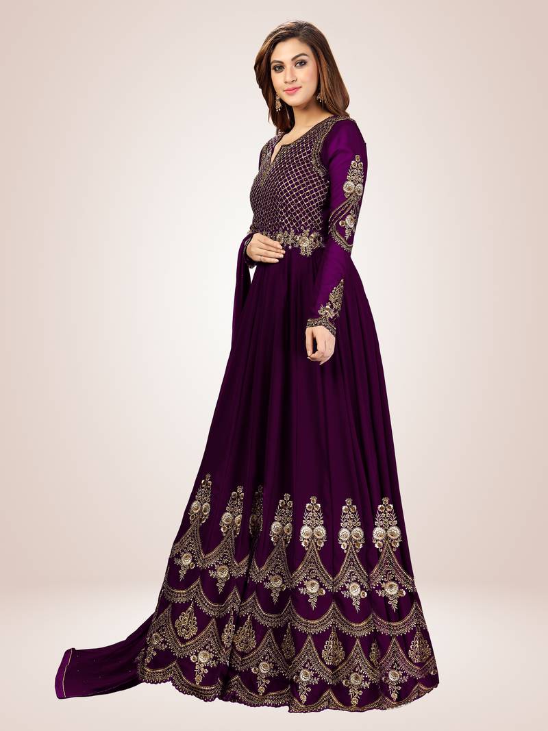 Purple Georgette Embroidered Anarkali Party Wear Kurta Pant with Dupatta Salwar Suit Set