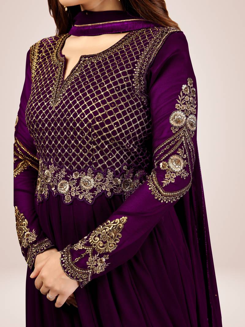 Purple Georgette Embroidered Anarkali Party Wear Kurta Pant with Dupatta Salwar Suit Set