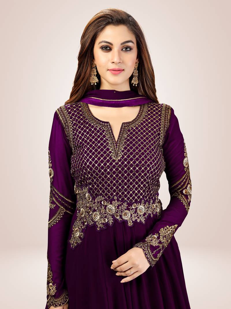Purple Georgette Embroidered Anarkali Party Wear Kurta Pant with Dupatta Salwar Suit Set