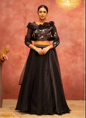 Black Satin Silk Semi-Stitched Lehenga Choli with Dupatta 1