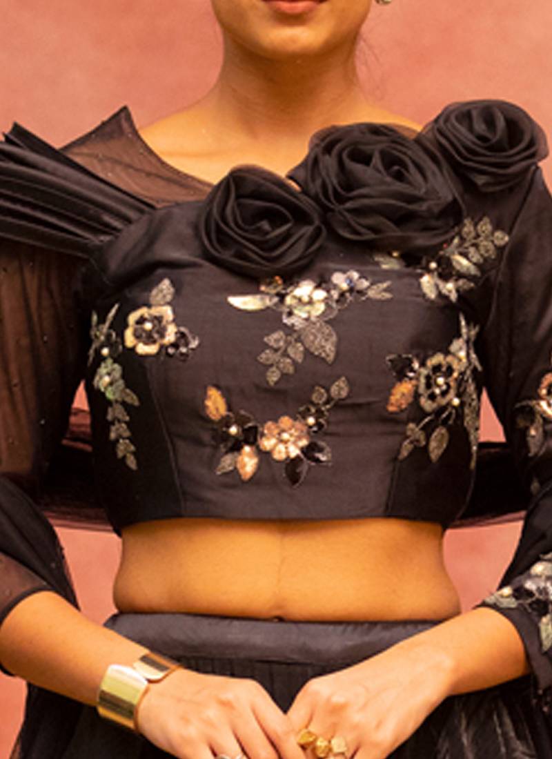 Black Satin Silk Semi-Stitched Lehenga Choli with Dupatta