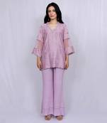 Lilac Floral Embroidery Short Shirt Bell Bottom Set