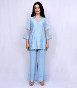 Powder Blue Embroidery Short Shirt Bell Bottom Set