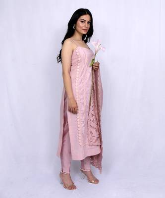 Pastel Pink Spaghetti Self Cotton Suit 3