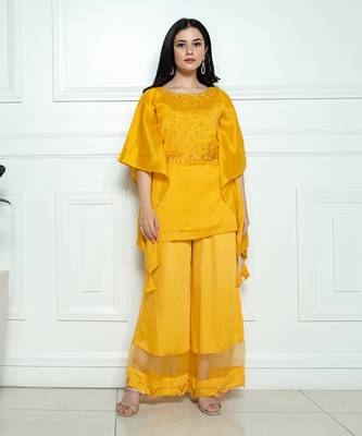 Yellow emb. short kaftan set with belt 1
