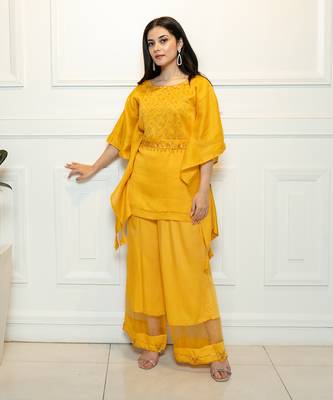 Yellow emb. short kaftan set with belt 2