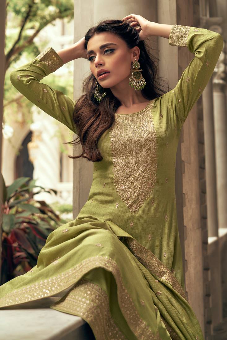 Olive myntra silk heavy thread embroidery with sequins work salwar
