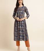 Fabclub rayon printed flared women kurti (blue)