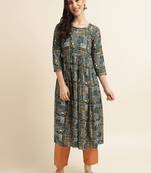 Fabclub rayon printed flared women kurti (green)