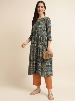 Fabclub rayon printed flared women kurti (green) 2
