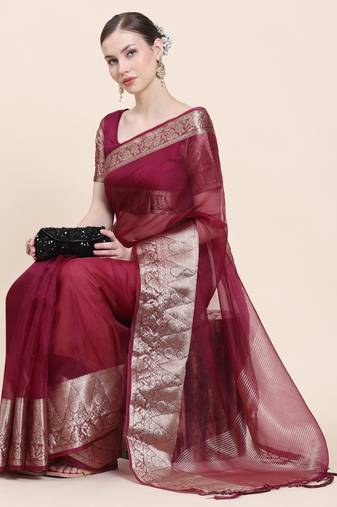 Rujave Purple Chiffon Sarees With Blouse