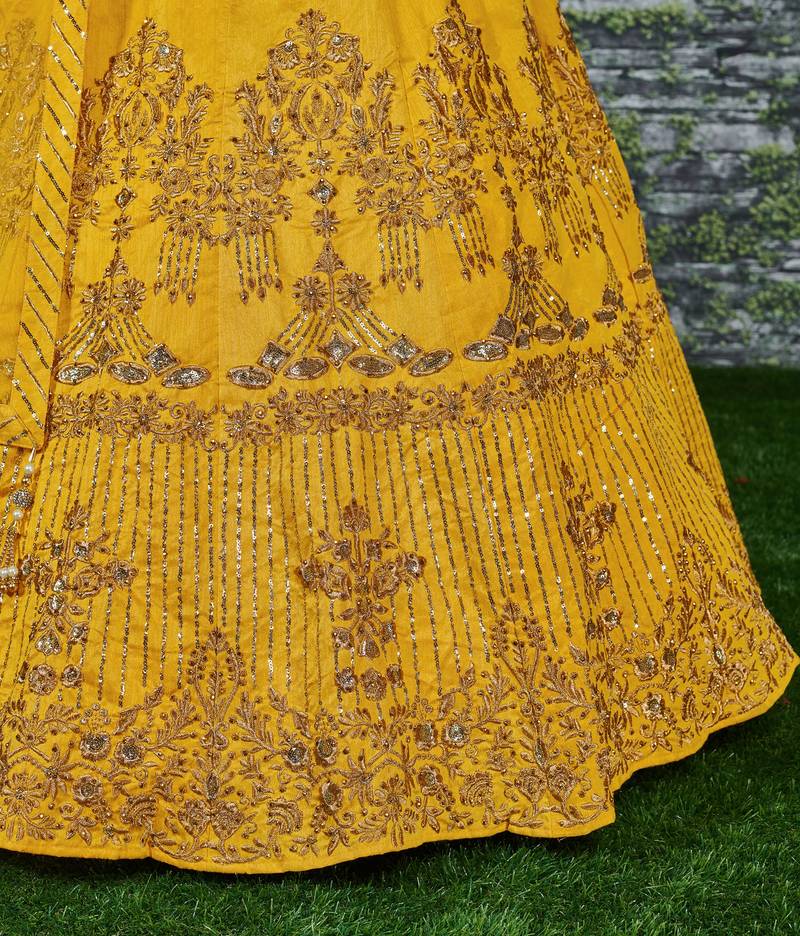 Yellow Zari and Sequins embroidered with stone work Silk Semi Stitched Bridal Lehenga