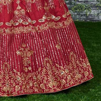 Red Zari and Sequins Embroidered Silk Semi Stitched wedding and party Lehenga 6