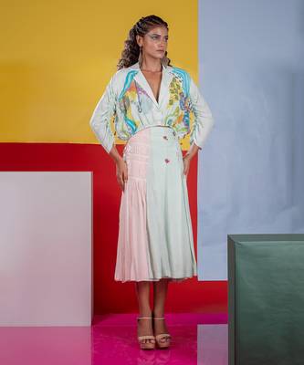 Mint Green ,Pastel Pink Lyre Blazer Top With Accordion Skirt Skirt Set 1