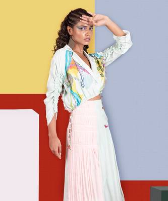 Mint Green ,Pastel Pink Lyre Blazer Top With Accordion Skirt Skirt Set 2