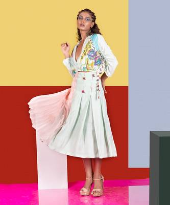 Mint Green ,Pastel Pink Lyre Blazer Top With Accordion Skirt Skirt Set 3