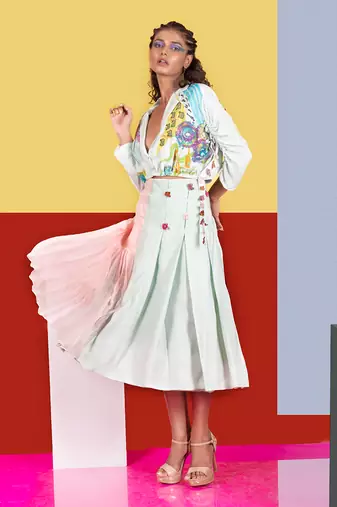 Mint Green ,Pastel Pink Lyre Blazer Top With Accordion Skirt Skirt Set