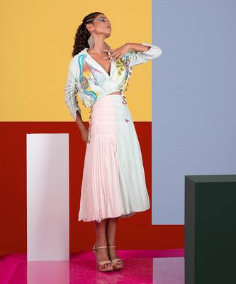 Mint Green ,Pastel Pink Lyre Blazer Top With Accordion Skirt Skirt Set 4
