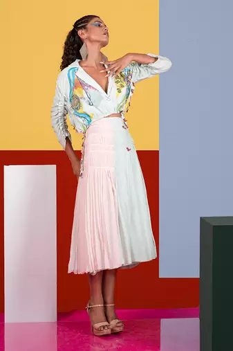 Mint Green ,Pastel Pink Lyre Blazer Top With Accordion Skirt Skirt Set