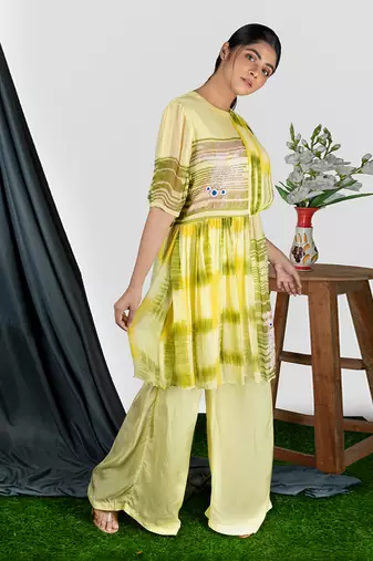 Sharbat Yellow Geather Short Dress With Plazo Pant  Co-Ord Set