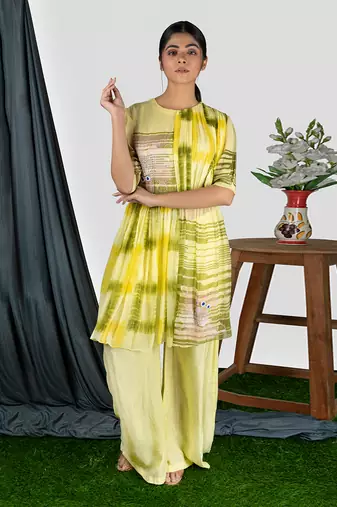 Sharbat Yellow Geather Short Dress With Plazo Pant  Co-Ord Set
