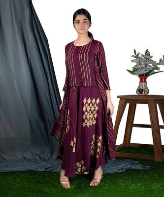 Wine Wine Bias Dress Side Pleat Jacket Style  Dress 1