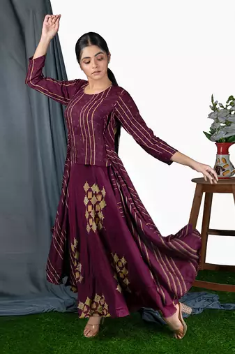 Wine Wine Bias Dress Side Pleat Jacket Style  Dress