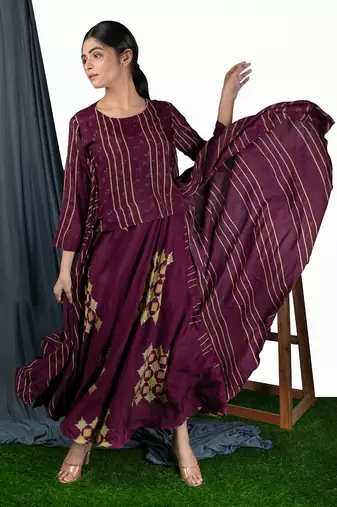 Wine Wine Bias Dress Side Pleat Jacket Style  Dress