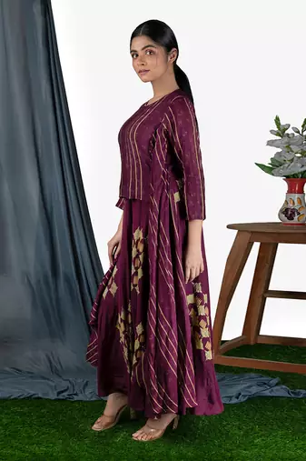 Wine Wine Bias Dress Side Pleat Jacket Style  Dress
