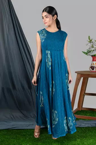 Prussian Blue  Panelled Bias Dress With Tie-Up Dress  Dress
