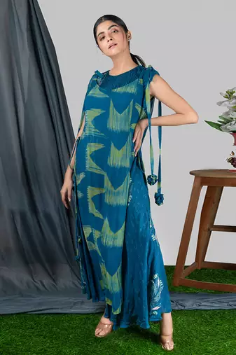 Prussian Blue  Panelled Bias Dress With Tie-Up Dress  Dress