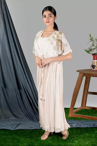Pinkish Ivory Stripe Drawstring Kaftan  Kaftaan