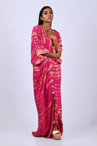 Hot Pink  Tiedye Kaftan Front Slit Kaftaan